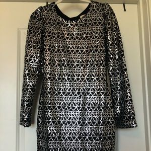 Long Sleeve, Black, Silver Sequin Cocktail Dress
